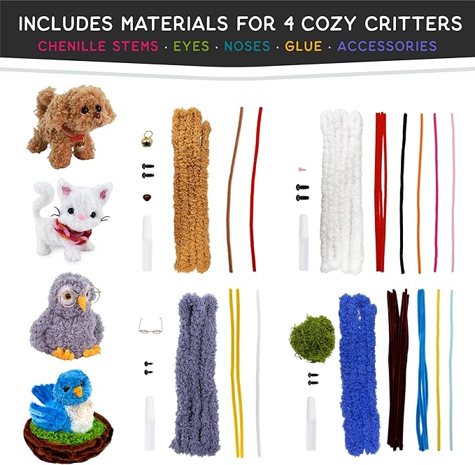 WeVeel Cozy Craftworks Chenille Stem Animal Craft Kit for Adults – Create 4 Adorable Animals (Kitty, Puppy, Bird & Owl) – Relaxing DIY Arts & Crafts Kit with All Supplies