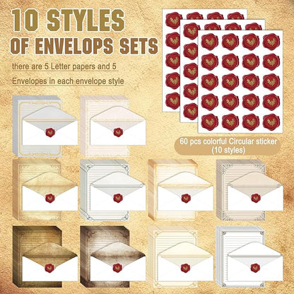 TaoBary 160 Pcs Stationery Paper Set 50 Double Sided Stationery Papers with 50 Matching Envelopes and 60 Round Dot Sticker, 10 Design(Retro,8.5 x 11 Inch)