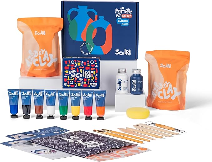 Sculpd - The Original Pottery Kit - Complete Air Dry Clay Kit for Adults Includes Sculpting Tools, Varnish, Paint Brushes, Guides, Arts & Crafts Sets, Gloss Varnish with Classic Tones