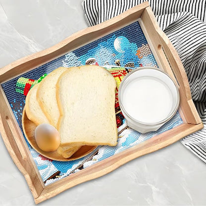 FGbaby DIY 5D Snowman Train Diamond Painting Wood Serving Tray with Handles Diamond Art Decor Serving Trays Wooden Tray for Breakfast in Bed, Patio, BBQ, Coffee Table, Party –Great for Lap & Couch