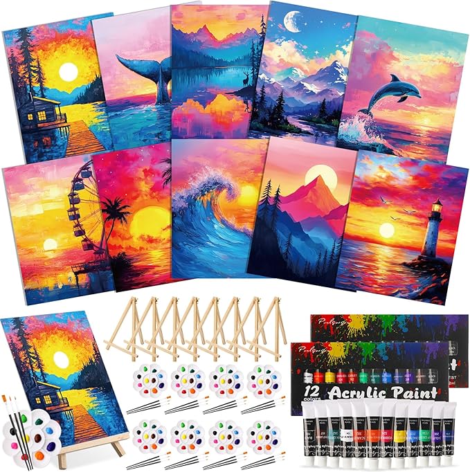 Ctosree Ctosree 72 Pcs Natural Scenery Paint and Sip Kit for Adults 8'' x 10'' Pre Drawn Canvas for Painting DIY Pre Printed Canvas for Party Favor Afro Acrylic Painting Kit Wood Easel Brushes Bulk