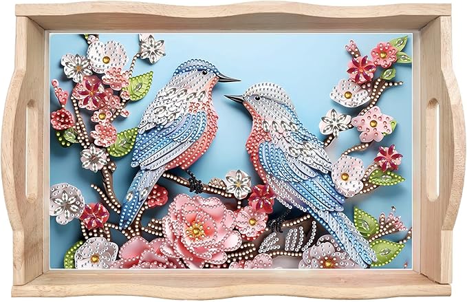 DIY Diamond Art Wooden Tray Kit, Food Tray with Handle Diamond Painted Table Decoration Tray, for Breakfast, Bar Dinner Table Diamond Dots Gem Painting Art Set for Beginners-#40-Bird Flower