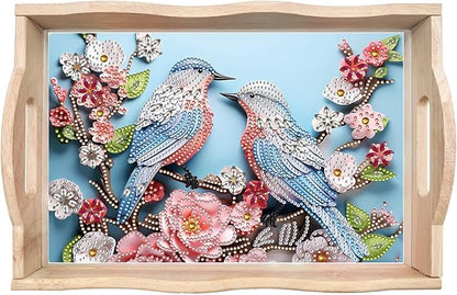 DIY Diamond Art Wooden Tray Kit, Food Tray with Handle Diamond Painted Table Decoration Tray, for Breakfast, Bar Dinner Table Diamond Dots Gem Painting Art Set for Beginners-#40-Bird Flower