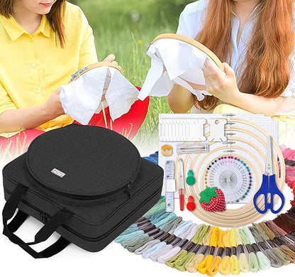 LoDrid Embroidery Kit, Embroidery Project Bag with Embroidery Kit, Portable Craft Carry Case with Starter Kit, Embroidery Supplies Storage Bag and Cross Stitch Kits for Beginners, Adults, Black