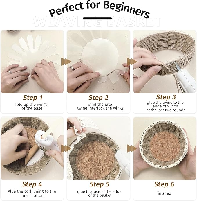 8 Sets Basket Weaving Craft Kit for Beginners,DIY Burlap Style Desk Storage Small Parts Candy Cookies Bowls,8 inches Plastic Base and 109yd Jute Twine and Cork Linings & Lace & Hot Glue Sticks
