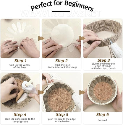 8 Sets Basket Weaving Craft Kit for Beginners,DIY Burlap Style Desk Storage Small Parts Candy Cookies Bowls,8 inches Plastic Base and 109yd Jute Twine and Cork Linings & Lace & Hot Glue Sticks