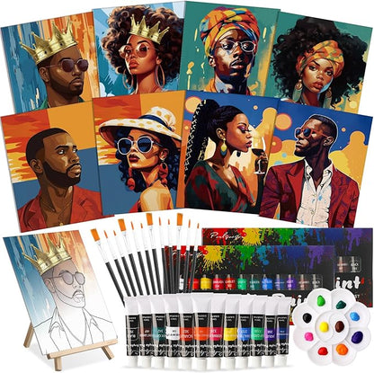 Cholemy 36 Pcs Valentine Paint and Sip Kit for Adults 8''x10'' Pre Drawn Canvas for Painting DIY Afro Acrylic Painting Kit Wood Easel Brushes Date Night Bulk for Party Gifts(Black Women)