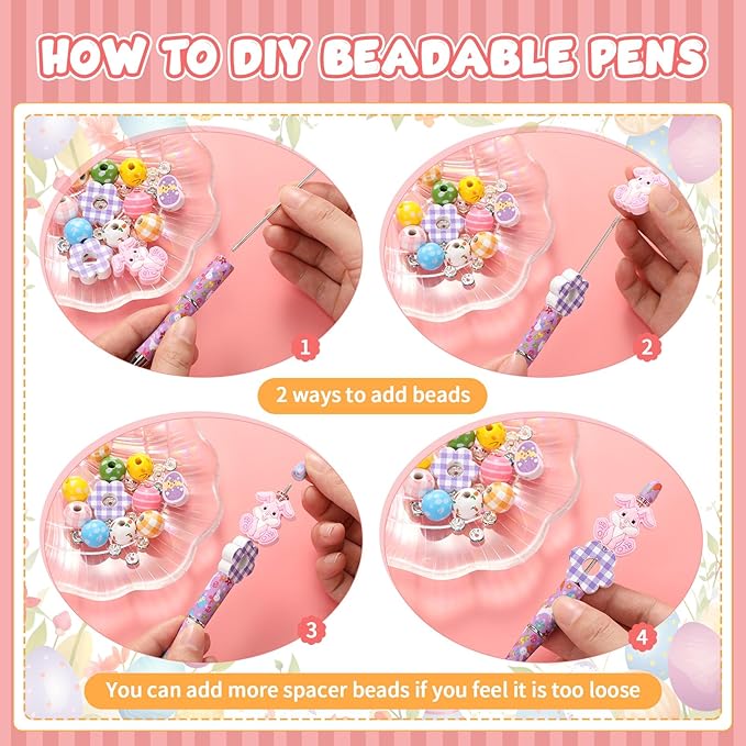 Geyee 12 Set Plastic Beadable Pens Assorted Bead Pens Crystal Wood Round Spacer Set Black Ink DIY Ballpoint for Women Men Gift Office Supplies(Rabbit)