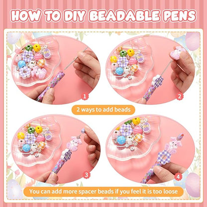Geyee 12 Set Plastic Beadable Pens Assorted Bead Pens Crystal Wood Round Spacer Set Black Ink DIY Ballpoint for Women Men Gift Office Supplies(Rabbit)