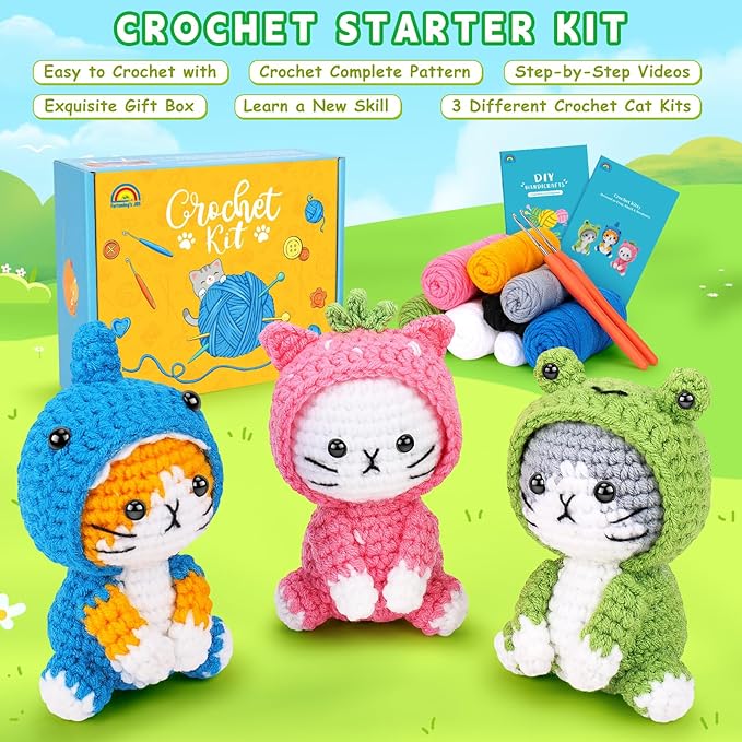 Crochet Kit for Beginners - 3 PCS Crochet Kits with Step-by-Step Video Tutorials, Beginner Crochet Kit for Adults, Crochet Animal Kit for Starters, Cat Dressed as Shark Frog Strawberry