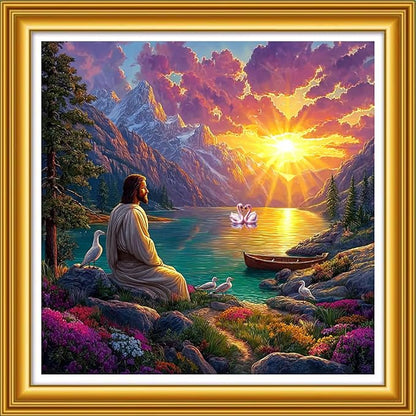 Foxhool Stamped Cross Stitch Kits,11CT Printed Cross Stitch Pattern Full Embroidery Kits for Beginner Needlepoint Kits&Sunrise Jesus Prayer 18x18 inch
