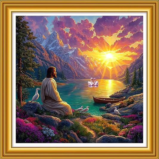 Foxhool Stamped Cross Stitch Kits,11CT Printed Cross Stitch Pattern Full Embroidery Kits for Beginner Needlepoint Kits&Sunrise Jesus Prayer 18x18 inch