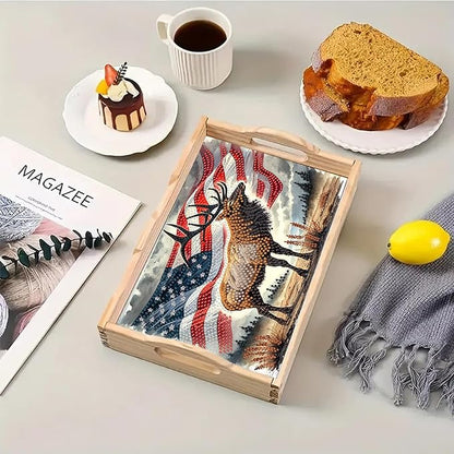 DoxQcs DIY Diamond Art Wooden Tray Kit Easter Food Tray with Handle Diamond Painted Table Decoration Tray for Breakfast Bar Dinner Table Diamond Art Painting for Beginners-#05-USA Moose