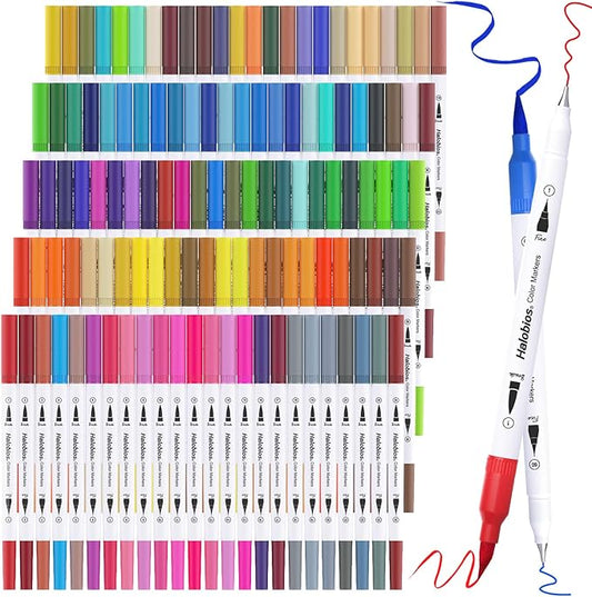 Halobios 120 Dual Tip Art Marker Pens, Color by Number Markers, Professional Brush & Fine Tips Coloring Markers for Student Adults Colouring Book Sketching Drawing Lettering Greeting Cards Gift