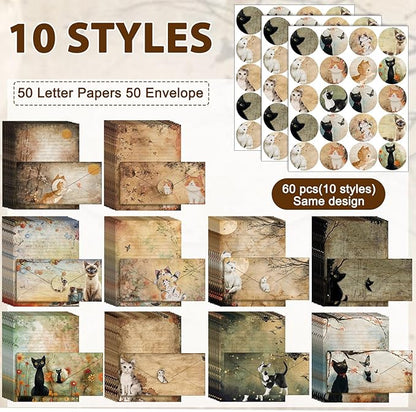 TaoBary 160 Pcs Stationery Paper Set 50 Double Sided Stationery Papers with 50 Matching Envelopes and 60 Round Dot Sticker, 10 Design(Kitten,8.5 x 11 Inch)