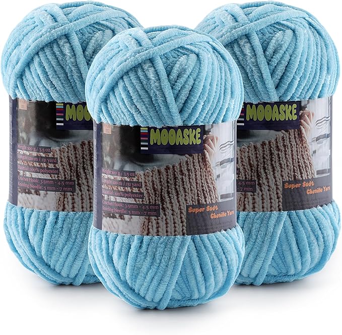 Baby Blanket Yarn for Crocheting - Soft Velvet Fluffy Chenille Yarn for Knitting Amigurumi Making Scarves, Doll - 100g/3.5oz 131 Yards Thick Plush Yarns (3, Sky Blue)
