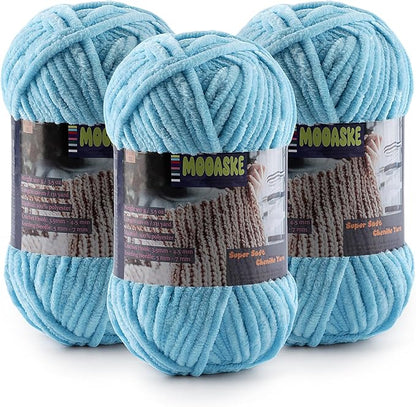 Baby Blanket Yarn for Crocheting - Soft Velvet Fluffy Chenille Yarn for Knitting Amigurumi Making Scarves, Doll - 100g/3.5oz 131 Yards Thick Plush Yarns (3, Sky Blue)