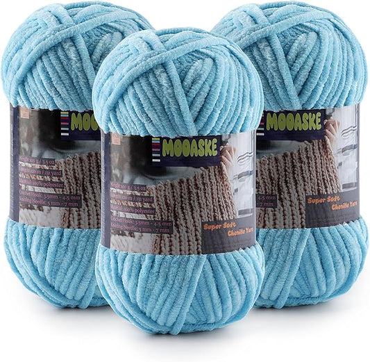 Baby Blanket Yarn for Crocheting - Soft Velvet Fluffy Chenille Yarn for Knitting Amigurumi Making Scarves, Doll - 100g/3.5oz 131 Yards Thick Plush Yarns (3, Sky Blue)