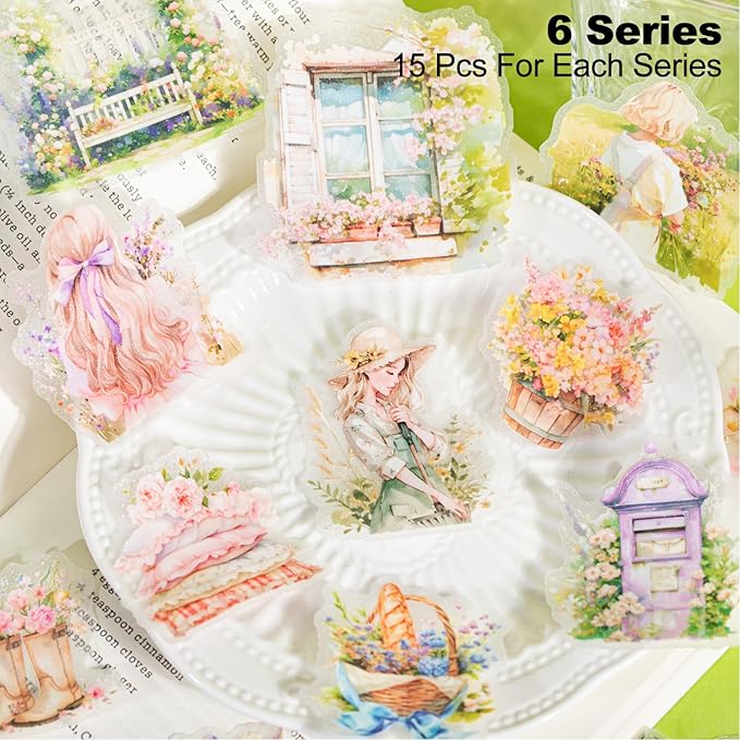 AuriicLeaf Healing Garden PET Stickers, 90 Pcs Whimsical Floral Ephemera for Scrapbooking, Journaling, DIY Crafting, and Art Supplies