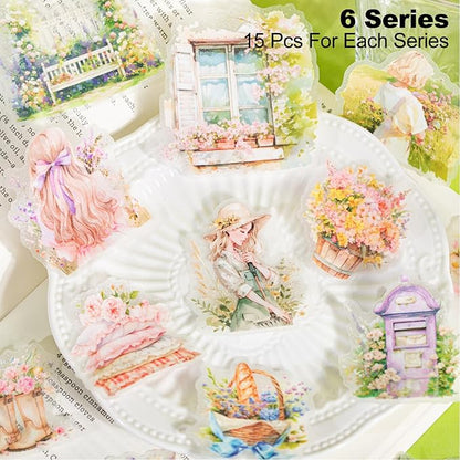 AuriicLeaf Healing Garden PET Stickers, 90 Pcs Whimsical Floral Ephemera for Scrapbooking, Journaling, DIY Crafting, and Art Supplies