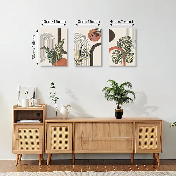 3 Pcs Boho Beige Canvas Wall Art Aesthetic Green Botanical Wall Pictures Minimalist Geometric Line Plants Leaf Art Prints Painting Home Decor for Bedroom Living Room Office Ready To Hang 16"x24"x3Pcs