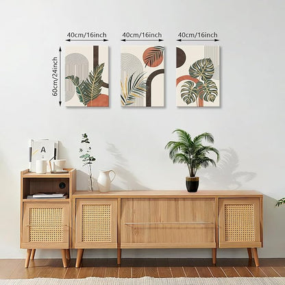 3 Pcs Boho Beige Canvas Wall Art Aesthetic Green Botanical Wall Pictures Minimalist Geometric Line Plants Leaf Art Prints Painting Home Decor for Bedroom Living Room Office Ready To Hang 16"x24"x3Pcs