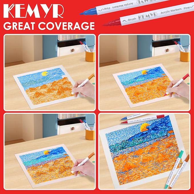 KEMYR 100 Colors Brush & Fine Tip Acrylic Paint Pens, Dual Tip Acrylic Paint Markers for Paper, Wood, Canvas, Stone, Rock, Glass, Fabric, DIY, Ceramic, Art Supplies for Adults Drawing