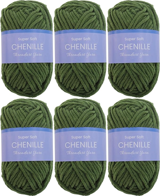 Threadart 6 Pack Super Soft Chenille Yarn - Moss Green, 50g/60yds, Polyester, Perfect for Crocheting, Knitting, Amigurumi, Home Decor