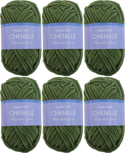 Threadart 6 Pack Super Soft Chenille Yarn - Moss Green, 50g/60yds, Polyester, Perfect for Crocheting, Knitting, Amigurumi, Home Decor
