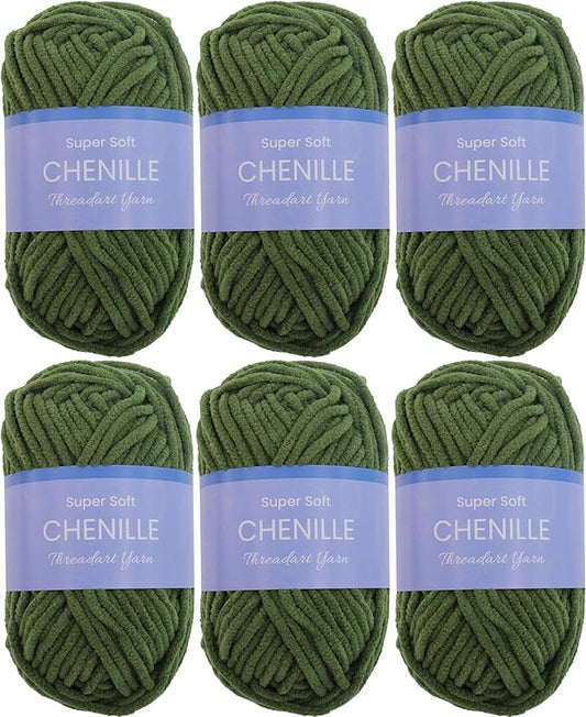 Threadart 6 Pack Super Soft Chenille Yarn - Moss Green, 50g/60yds, Polyester, Perfect for Crocheting, Knitting, Amigurumi, Home Decor