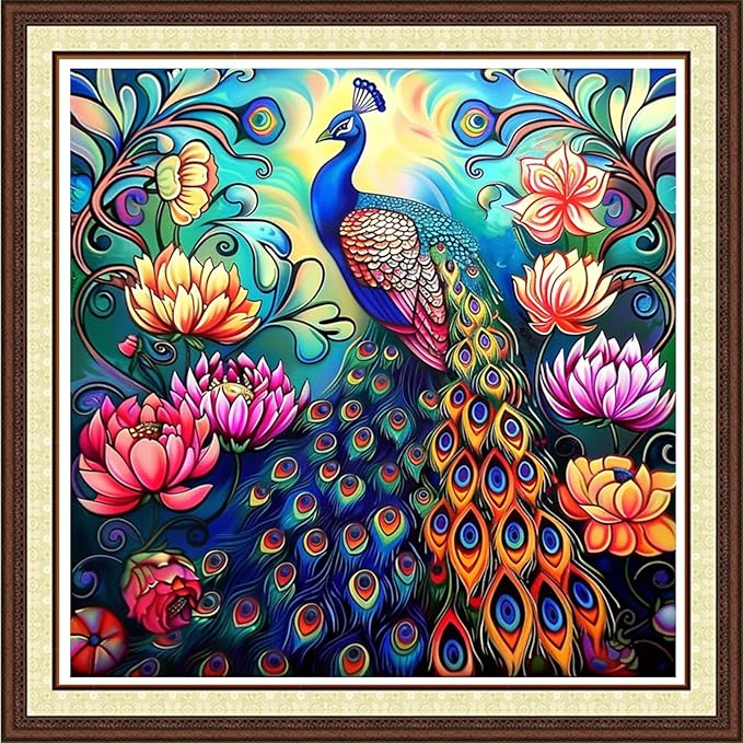 Joycasa Stamped Cross Stitch Kits for Beginners Full Range of Cross Stitching 11 CT Printed Cross Stitch Kit for Adults Cross-Stitch Patterns Needlepoint Kits-Colorful Peacock Flower 18x18 inchs
