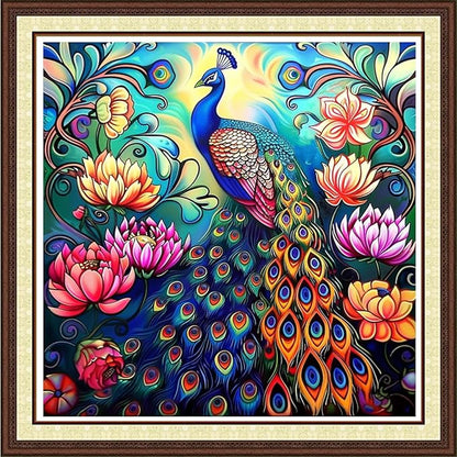 Joycasa Stamped Cross Stitch Kits for Beginners Full Range of Cross Stitching 11 CT Printed Cross Stitch Kit for Adults Cross-Stitch Patterns Needlepoint Kits-Colorful Peacock Flower 18x18 inchs