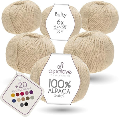 Bulky Set (6 x 1.75 oz) Super Soft Baby Alpaca Knitting Yarn Beige 328 Yards