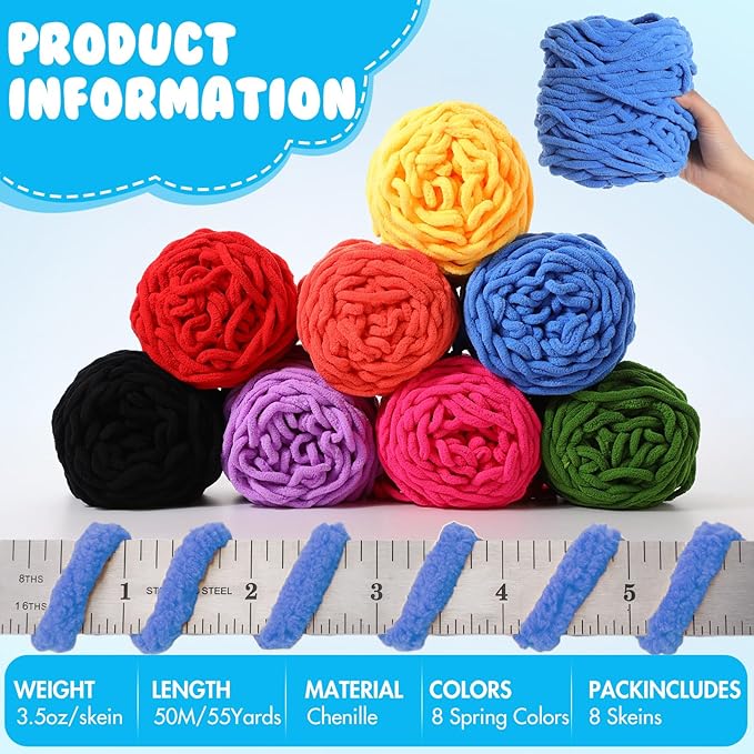 Buryeah 8 Pack Chunky Chenille Yarn for Crocheting Soft Thick Fluffy Yarn for Hand Knitting Bulky Velvet Blanket Plush for Weaving DIY Crafts Each 3.5 oz 55 Yards (Spring Colors)