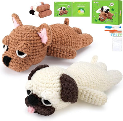 Crochet Kit for Beginners- 2 PCS Pug and French Bulldog Crochet Kits for Adults, 2PCS Sleeping Dog Crochet Kit with Step-by-Step Video Tutorials,Crochet Hook, Instructions DIY Knitting Kit