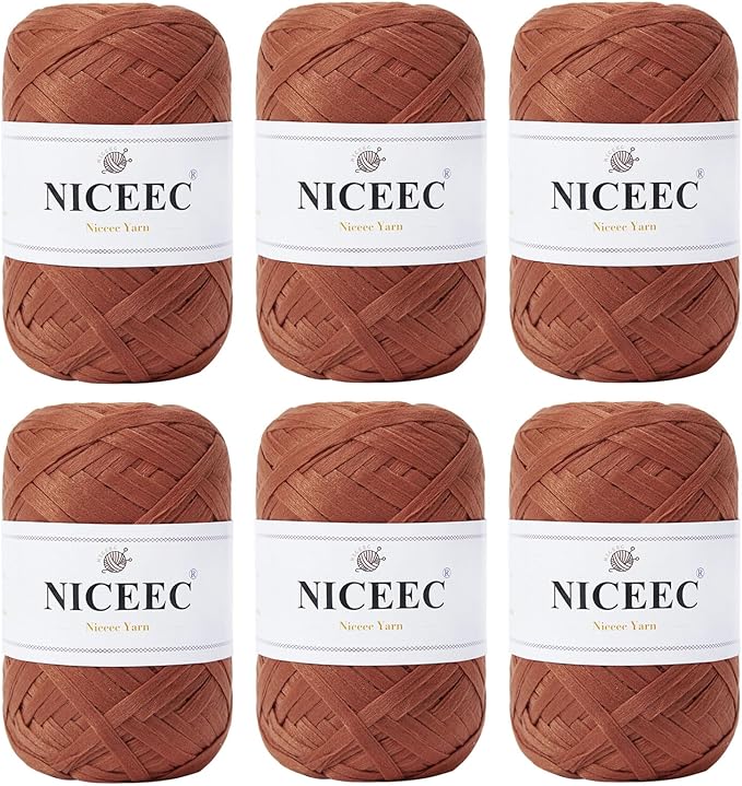 NICEEC 6 Skeins Soft Tape Yarn for Crocheting Craft Paper Yarn Easy Crochet Raffia Yarn Ribbon Yarn for DIY Craft Gift Wrapping Total Length 1.76oz×6/109yds×6-Caramel