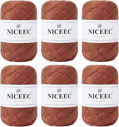 NICEEC 6 Skeins Soft Tape Yarn for Crocheting Craft Paper Yarn Easy Crochet Raffia Yarn Ribbon Yarn for DIY Craft Gift Wrapping Total Length 1.76oz×6/109yds×6-Caramel