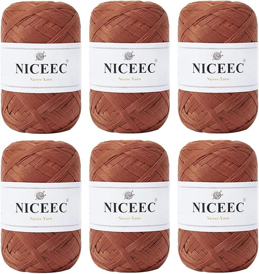 NICEEC 6 Skeins Soft Tape Yarn for Crocheting Craft Paper Yarn Easy Crochet Raffia Yarn Ribbon Yarn for DIY Craft Gift Wrapping Total Length 1.76oz×6/109yds×6-Caramel