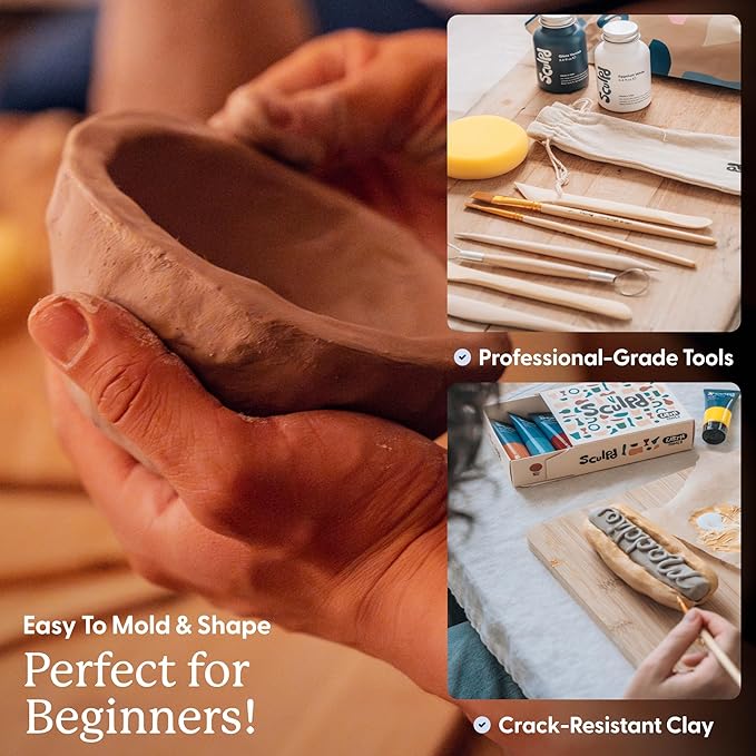 Sculpd - The Original Pottery Kit - Complete Air Dry Clay Kit for Adults Includes Sculpting Tools, Varnish, Paint Brushes, Guides, Arts & Crafts Sets, Gloss Varnish with Floral Tones