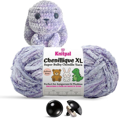 Chenillique XL Super Bulky Chenille Yarn – 100g Skein (88 Yards) + Safety Eyes + Free Plushie Pattern – Plush Polyester Yarn for Amigurumi, Crochet & Knitting - Lavender Bliss