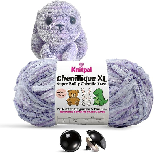 Chenillique XL Super Bulky Chenille Yarn – 100g Skein (88 Yards) + Safety Eyes + Free Plushie Pattern – Plush Polyester Yarn for Amigurumi, Crochet & Knitting - Lavender Bliss