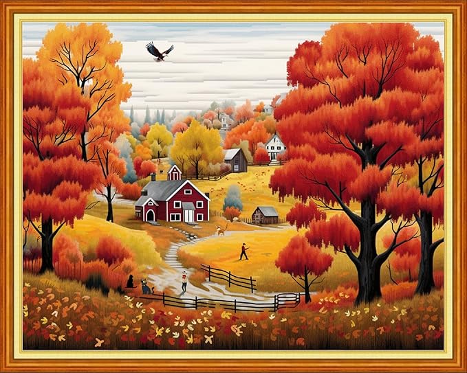 Dimensean Stamped Cross Stitch Kits Full Range of Embroidery Patterns Starter Kits for Beginners Adult DIY Cross Stitches Needlepoint Kits 11CT-Deep Autumn Scenery 16x20 inch