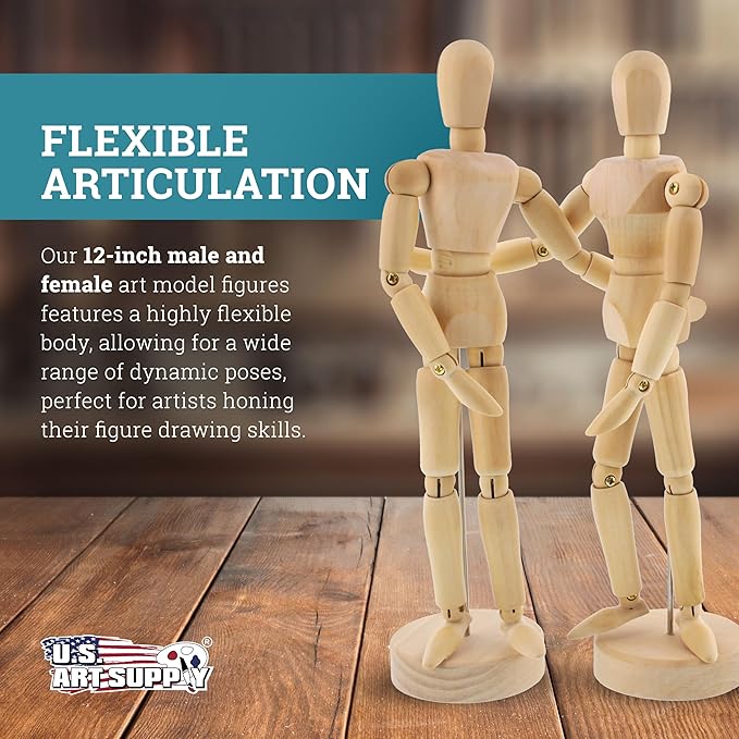U.S. Art Supply 12" Wooden Male & Female Manikin Posable Figures for Drawing - Articulated Mannequin with Base and Flexible Body for Drawing The Human Figure
