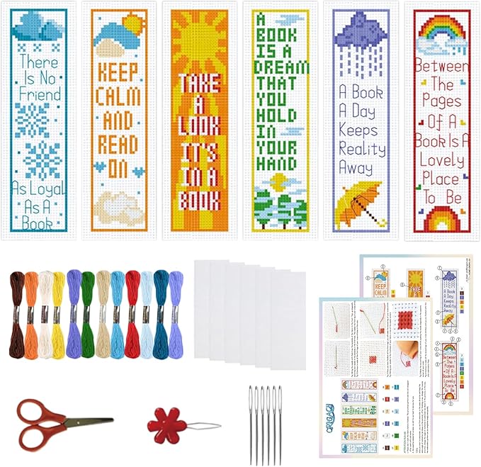 ORIGACH 6 Pcs Cross Stitch Bookmark Kit for Beginner Adults, Reading Sayings Stamped Embroidery Bookmark Kit with Instruction for Starters Printed Cross Stitch DIY Kits for Book Lovers