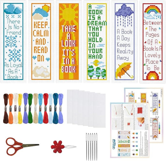 ORIGACH 6 Pcs Cross Stitch Bookmark Kit for Beginner Adults, Reading Sayings Stamped Embroidery Bookmark Kit with Instruction for Starters Printed Cross Stitch DIY Kits for Book Lovers