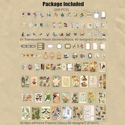 Esweny 200 Pieces Vintage Ephemera Scrapbooking Supplies Pack for Journaling, Decoupage Paper Scrapbook Stickers Kit for Junk Journal Planners Collage Craft Notebooks Album (Forests)