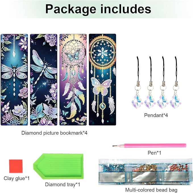 4 Pack Diamond Painting Bookmarks, 5D Dreamcatcher Butterfly Dragonfly Diamond Art Bookmark Kit with Tassels, DIY Beaded Rhinestone Book Mark Craft for Adults Beginners Reading Gift