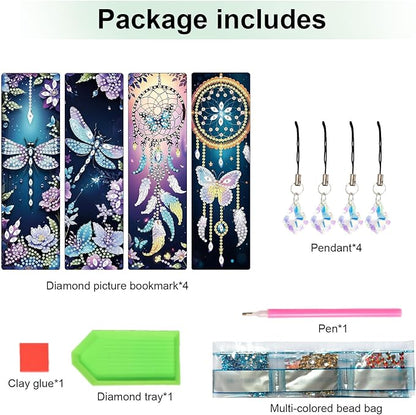 4 Pack Diamond Painting Bookmarks, 5D Dreamcatcher Butterfly Dragonfly Diamond Art Bookmark Kit with Tassels, DIY Beaded Rhinestone Book Mark Craft for Adults Beginners Reading Gift