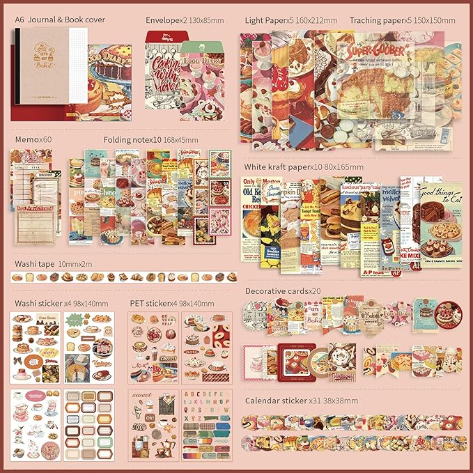 Draupnir Vintage Aesthetic Scrapbook Kit, Bullet Junk Journal Kit with Journaling/Scrapbooking Supplies, Stationery, A6 Grid Notebook Graph Ruled Pages, DIY Gift for Women