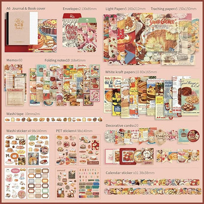 Draupnir Vintage Aesthetic Scrapbook Kit, Bullet Junk Journal Kit with Journaling/Scrapbooking Supplies, Stationery, A6 Grid Notebook Graph Ruled Pages, DIY Gift for Women